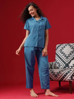 Clovia - Blue Cotton Dobby Weave Button-Down Shirt and Pyjama