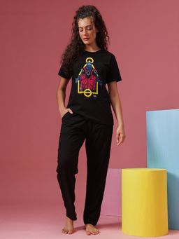 Clovia - Women'S Black Cotton Print T-Shirt and Pyjama