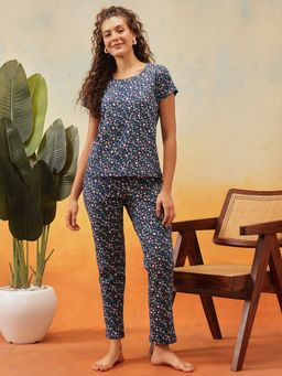 Clovia - Navy Blue Cotton Floral Print T-Shirt and Pyjama