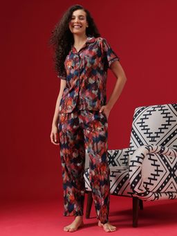 Clovia - Button Me Up Shirt & Pyjama Set in Multicolour- Crepe
