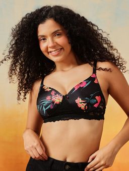 Clovia - Padded Non-Wired Floral Print Full Cup T-Shirt Bra with Lace in Black