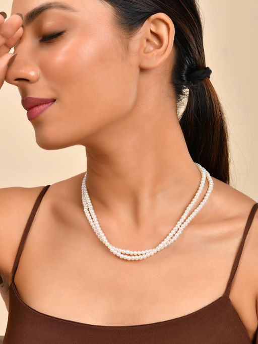 Silvermerc Designs Ethnic White Pearl Multiple Layered Necklace Mala For Women