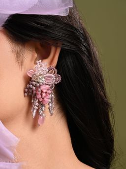 House of D'oro - Pink & Lilac Stone Medium Size Chain Tassel Earrings