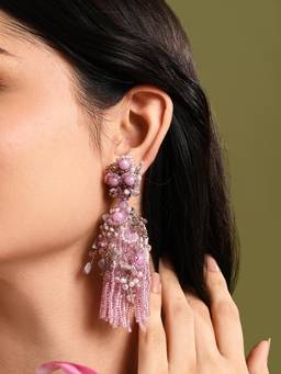 House of D'oro - Mauve Stone Jhumka Long Earrings