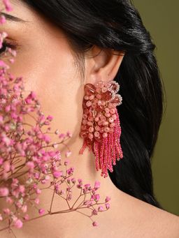 House of D'oro - Cherry Red Long Earrings With C Rystal Hangings
