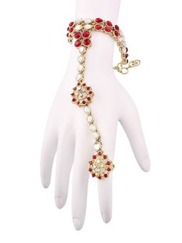 I Jewels - Maroon Gold Plated Kundan Studded H&crafted Ring Bracelet