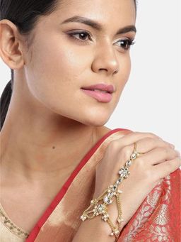 I Jewels - White Gold Plated Kundan Studded & Beaded H&crafted Ring Bracelet