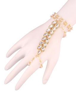 I Jewels - White Gold Plated Kundan Studded & Beaded H&crafted Ring Bracelet