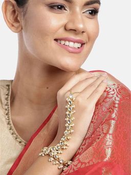 I Jewels - White Gold Plated Kundan Studded & Beaded H&crafted Ring Bracelet