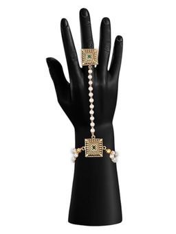 I Jewels - Gold Plated Kundan Studded & Pearl Beaded Ring Bracelet
