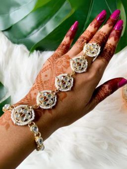 I Jewels - Gold Plated Kundan Studded & Pearl Beaded Ring Bracelet