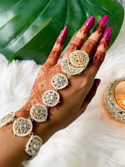 I Jewels - Gold Plated Kundan Studded & Pearl Beaded Ring Bracelet