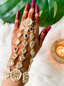 I Jewels - Gold Plated Kundan Studded & Pearl Beaded Ring Bracelet