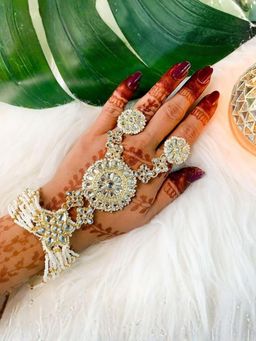 I Jewels - Gold Plated Kundan Studded & Pearl Beaded Ring Bracelet