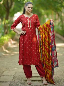 Libas - Red Silk Blend Woven Design Kurta Sets for Women