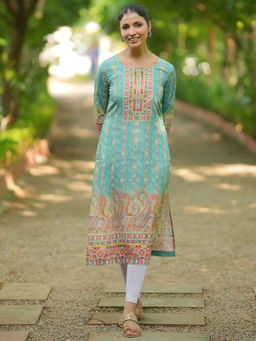 Libas - Sky Blue Ethnic Motif Printed Straight Kurta