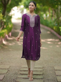 Libas - Purple Ethnic Motifs Zari Embroidered Straight Kurta with Lining