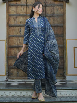 Libas - Women Navy Blue Floral Printed Kurta with Pant and Dupatta (Set of 3)