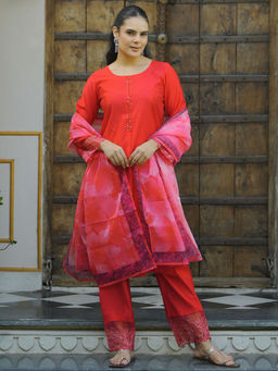Libas - Red Silk Blend Yoke Design Kurta sets for Women