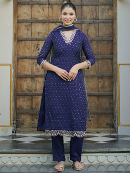 Libas - Blue Embroidered Kurta with Pant and Dupatta (Set of 3)