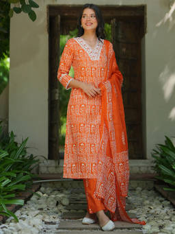 Libas - Orange Pure Cotton Printed Kurta Sets for Women