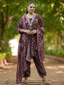 Libas - Wine Silk Blend Printed Kurta Sets for Women