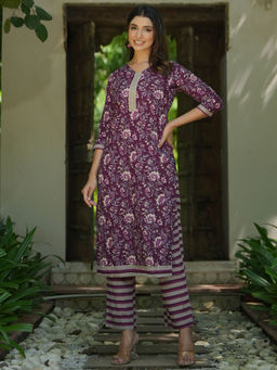 Libas - Wine Floral Printed Straight Kurta with Chevron Printed Trouser (Set of 2)
