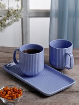 ARRABI - Premium Blue Stripped Ceramic Mugs With Tray