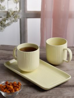 ARRABI - Premium Yellow Stripped Ceramic Mugs With Tray