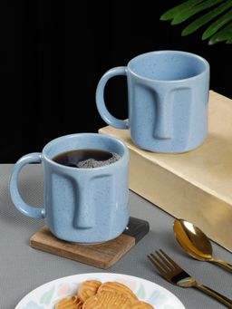 ARRABI - Premium Blue Solid Pack of 2 Stoneware Glazed Face Mugs
