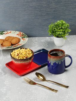 ARRABI - Premium Blue Solid Ceramic Stoneware Mug and Bowl With Tray
