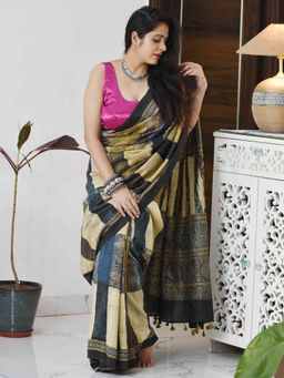 Sundarii - Kala Ajrakh Hand Block Printed Chanderi Silk Saree with Unstitched Blouse