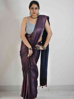 Sundarii - Chess - Blue Maroon Ajrakh Mashru Silk Saree with Unstitched Blouse