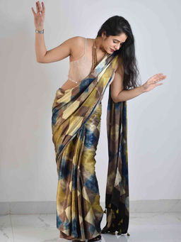 Sundarii - Harlequin - Brown Blue Ajrakh Mashru Silk Saree with Unstitched Blouse