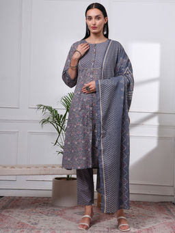 Yufta - Womens Floral A-Line Grey Kurta with Pant and Dupatta (Set of 3)