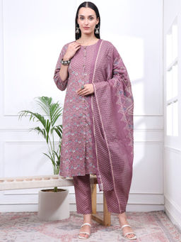 Yufta - Womens Floral A-Line Mauve Kurta with Pant and Dupatta (Set of 3)