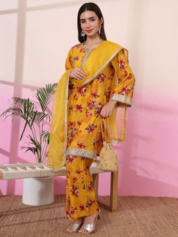 Yufta - Womens Floral Straight Mustard Kurta with Palazzo and Dupatta (Set of 3)