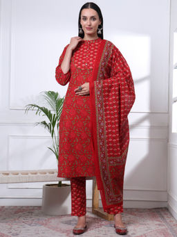 Yufta - Womens Floral Straight Red Kurta with Pant and Dupatta (Set of 3)