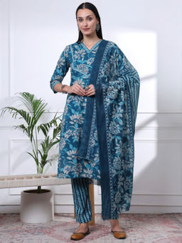 Yufta - Womens Floral Straight Blue Kurta with Pant and Dupatta (Set of 3)