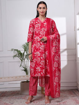 Yufta - Womens Floral Straight Red Kurta with Pant and Dupatta (Set of 3)