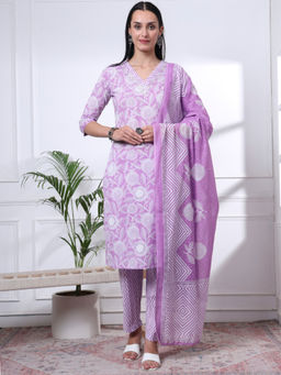 Yufta - Womens Floral Straight Lavender Kurta with Pant and Dupatta (Set of 3)