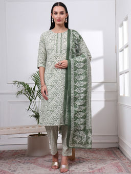 Yufta - Womens Printed Straight Green Kurta with Pant and Dupatta (Set of 3)
