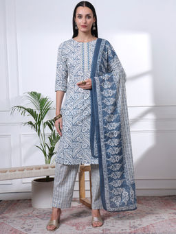 Yufta - Womens Printed Straight Blue Kurta with Pant and Dupatta (Set of 3)