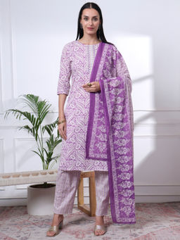 Yufta - Womens Printed Straight Purple Kurta with Pant and Dupatta (Set of 3)