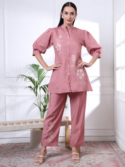 Yufta - Womens Embroidered Comfortable Pink Co-Ord (Set of 2)