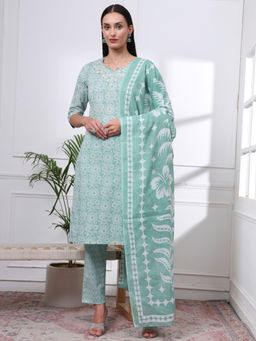 Yufta - Womens Printed Straight Green Kurta with Pant and Dupatta (Set of 3)