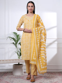 Yufta - Womens Printed Straight Yellow Kurta with Pant and Dupatta (Set of 3)