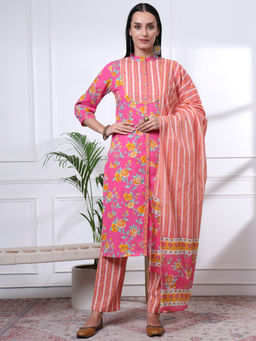 Yufta - Womens Floral Comfortable Pink Kurta with Pant and Dupatta (Set of 3)