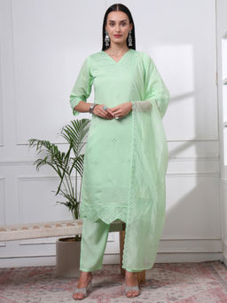 Yufta - Womens Sequined Straight Green Kurta with Pant and Dupatta (Set of 3)