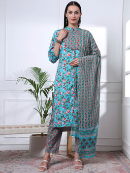 Yufta - Womens Floral Straight Turquoise Kurta with Pant and Dupatta (Set of 3)